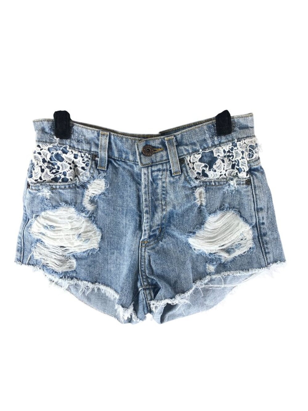 Carmar Womens Distressed Denim Shorts Lace Accents Raw Hem Button Fly Size 27